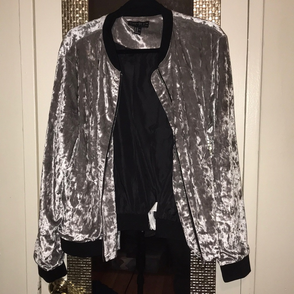 Forever 21+ Silver Faux Velvet bomber jacket